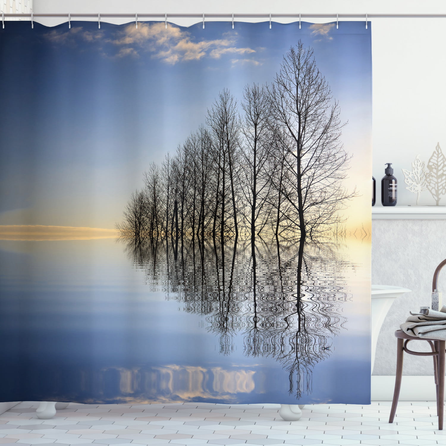 Lake House Decor Trees On Top Of The Frozen Lake In The Winter Scenic Forces Of Nature Art Print, Bathroom Accessories, 69W X 84L Inches Extra Long, By Ambesonne -New