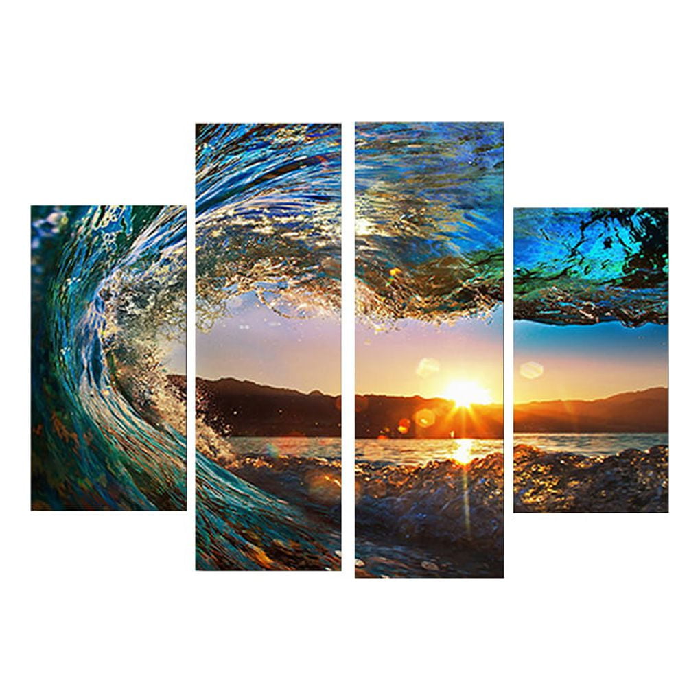4 Panel Sea Wave Sunset Seascape Unframed Oil Painting for Modern Home Decor Wall Art -New